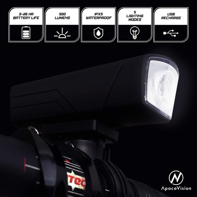 Apace Vision 500 Lumens Bike Light Set USB Rechargeable - Powerful Bicycle Headlight & LED Tail Light Combo - Super Bright IPX5 Waterproof MTB Road Commuter Front and Back Cycle Lights by Apace - Image 2